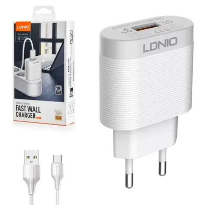 Carregador Ldnio 18W QC3.0 1xUSB-A + Cabo USB-C 1M Branco/Cinza