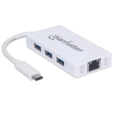 Hub USB C Manhattan 2 em 1, 3xUSB A + 1xRJ45 GE