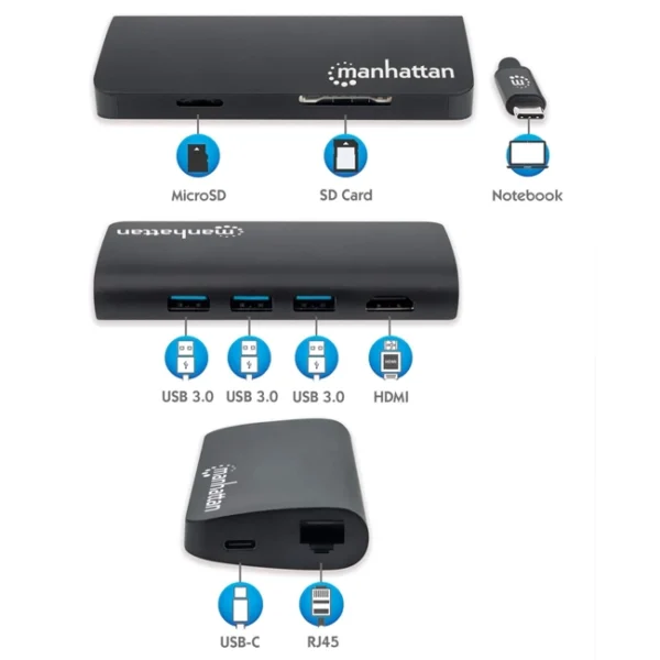 Hub USB-C Manhattan 8 em 1, HDMI, RJ45, USB-A 3.0, SD/MicroSD, USB-C - 152372