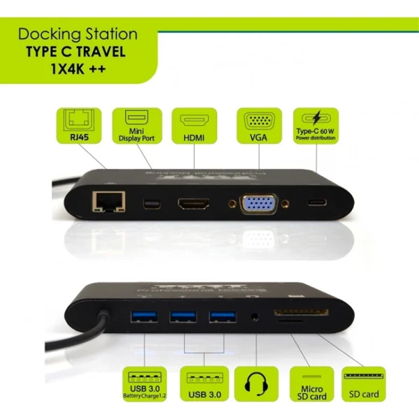 Hub USB-C Port Designs 11 em 1, HDMI, VGA, RJ45, 3xUSB-A, SD/MicroSD, USB-C, Mini DP, 3.5mm, 60W - 901906