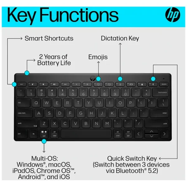 Teclado Sem Fio HP 350 Compact Bluetooth Multi-Dispositivos PT-PT Preto - 692S8AA