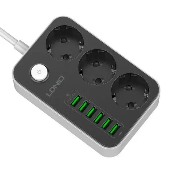 Bloco 3 Tomadas Ldnio c/ Int. 1.6M, 6xUSB-A 5V 3.4A, 2500W Preto/Branco - SE3631