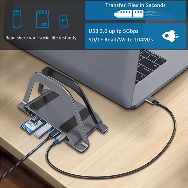 Base Vertical + Docking Station USB-A-C HDMI 4K RJ45 SD AUX 100W