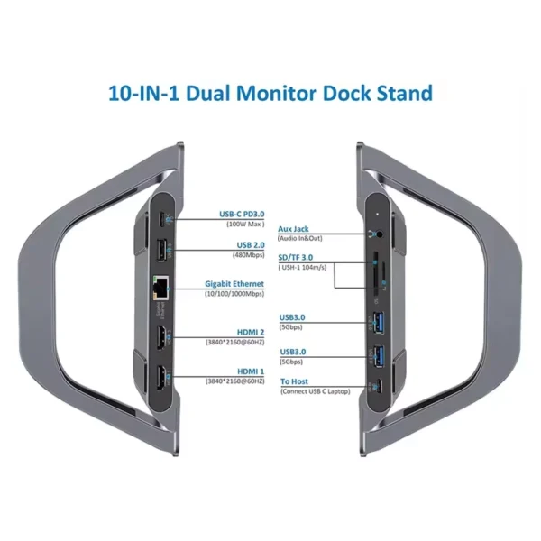 Base Vertical + Docking Station USB-A-C HDMI 4K RJ45 SD AUX 100W