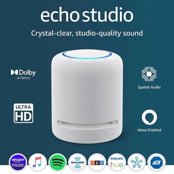 Coluna Inteligente Amazon Echo Studio Alexa Dolby Atmos, Spatial 3D Audio Glacier White 840268909628