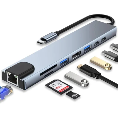 Hub USB-C 8 em 1, HDMI 4K@30Hz, USB-C, USB 3.0, RJ45, SD/TF PD 100W